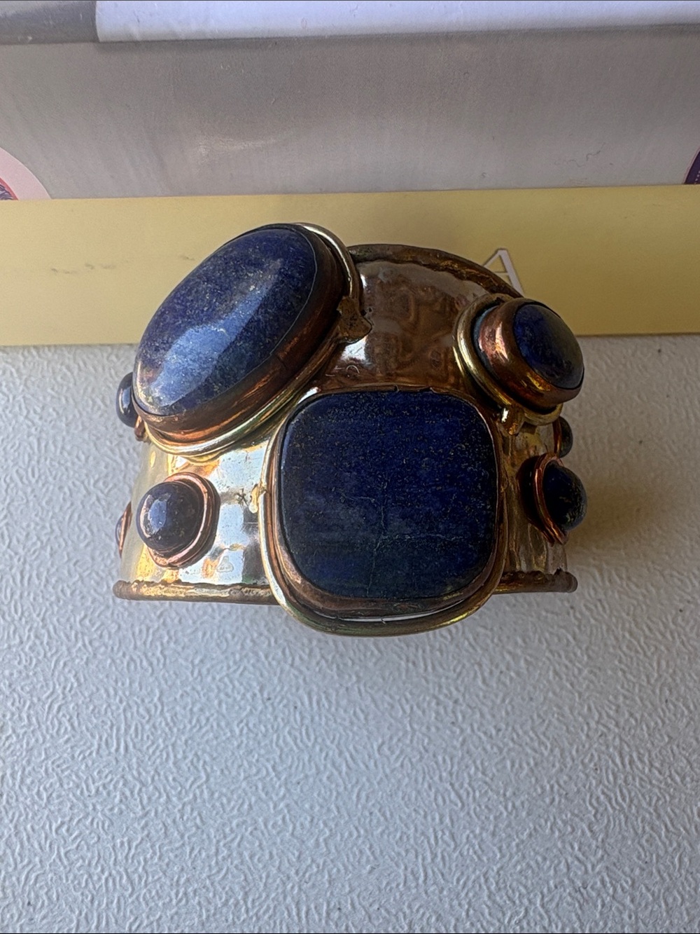 Gold-Tone Blue Stone Decorative Cuff Bracelet